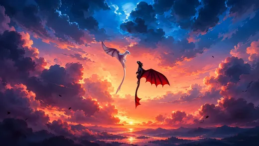 Dragon Riders at Dusk, psychedelic desktop wallpaper