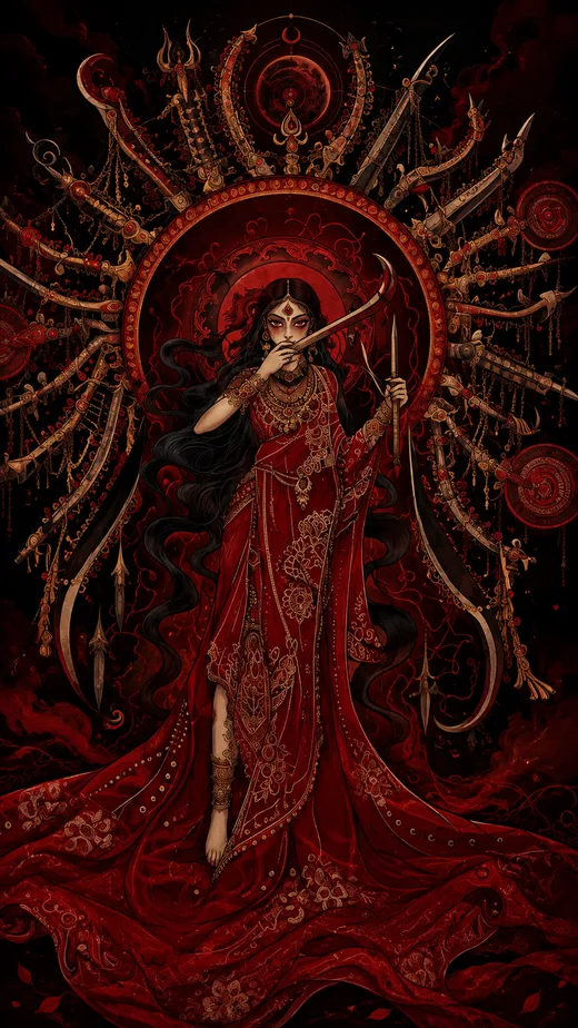 Durga in Red, dark phone wallpaper