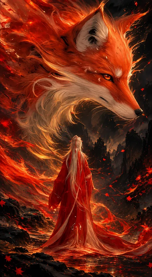 Fox of Flames, dark phone wallpaper