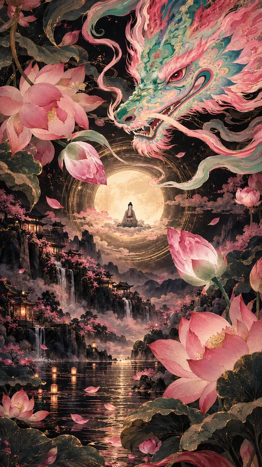 Jade Dragon Moon, pink phone wallpaper