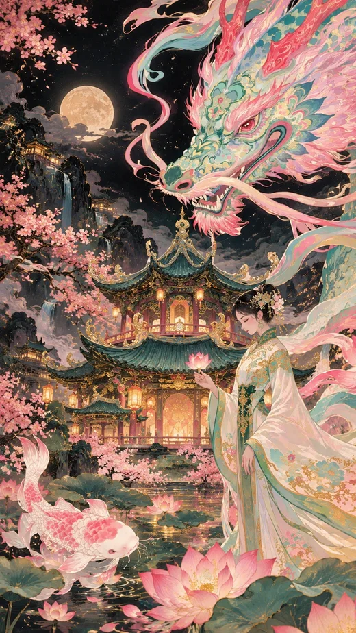 Jade Dragon Palace, pink phone wallpaper