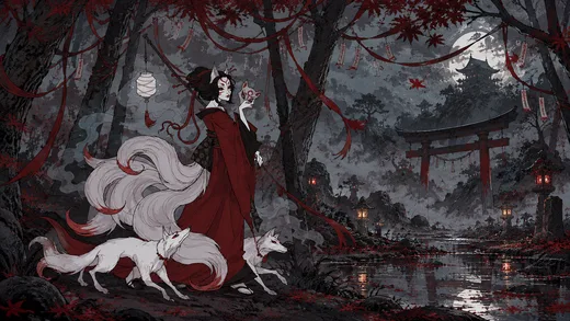 Kitsune Shrine, dark desktop wallpaper