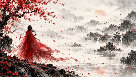 Red Veil in Ink, minimal desktop wallpaper