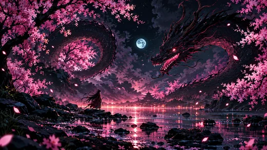 Sakura Dragon, psychedelic desktop wallpaper