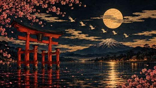 Torii at Moonrise, vintage desktop wallpaper