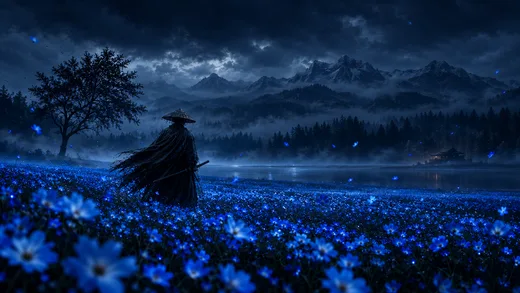 Wanderer in Blue, dark desktop wallpaper